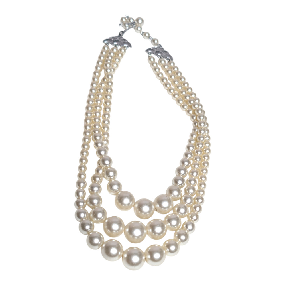 3 Layer Triple Strand Faux Pearl 20in Necklace Wedding Bridal Jewelry‎ Vtg